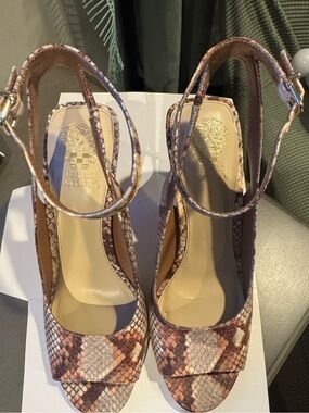 New Vince Camuto Snake-Print Heels with Ankle Strap in Brown and Cream